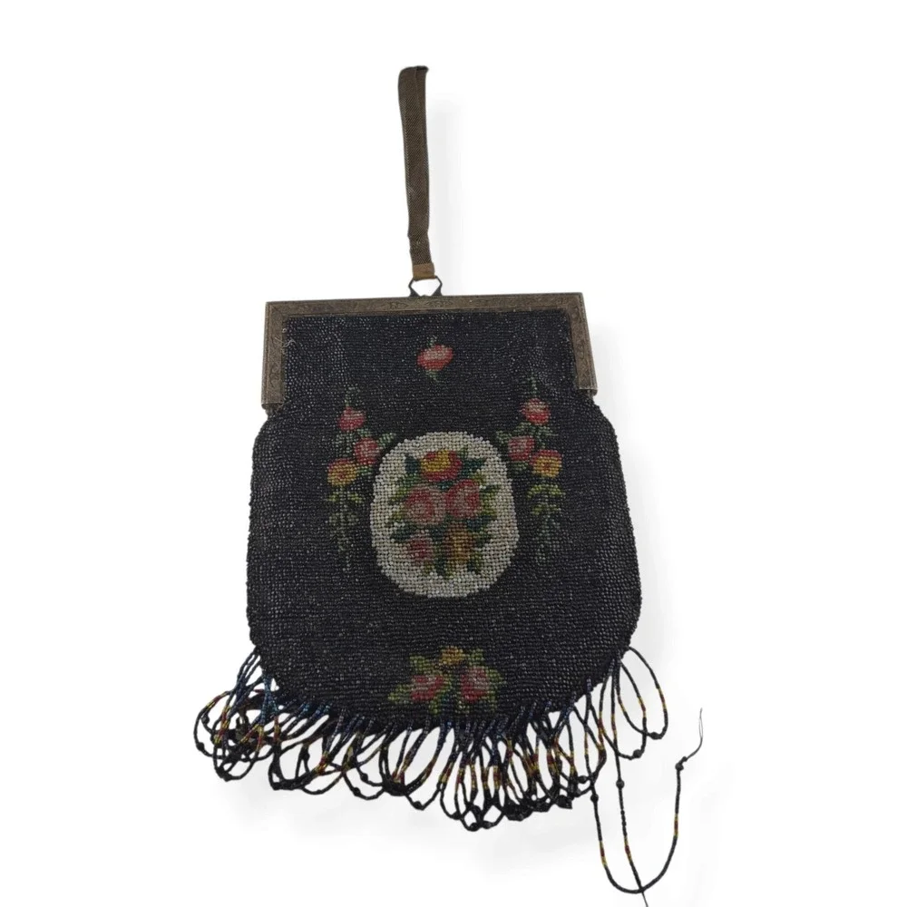 Antique Victorian Micro Beaded Purse Velvet Lining Monogram EB Double Sided 9